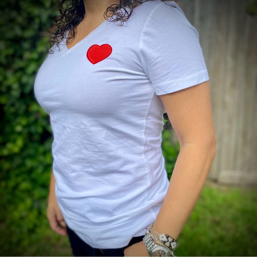 Handmade White V-Neck T-Shirt with Red Heart, delicate embroidered in red thread